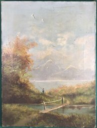19th Century Oil On Canvas Fly Fisherman Landscape - 15 In X 20 In - See Description