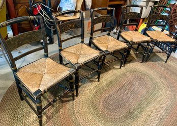 Set Of 5 Early Antique Hitchcock Style Chairs With Good Rush Seats