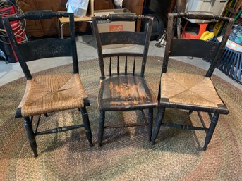 3 Early Antique Hitchcock Style Pillow Back Chairs, 2 Rush, 1 Plank Seat