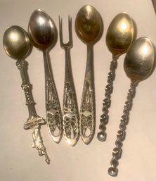 6 Silver Spoons/fork, Possibly Sterling, One Marked Holland, 3 Marked 80