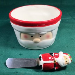 Pfaltzgraff Santa Collectibles Hand-Painted Crock Dip Bowl And Spreader - 4.5 In Diameter. SHIPPING AVAILABLE.