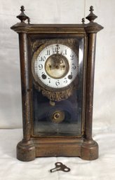 Antique Brass And Glass Mantle Clock With Key, Beautiful Big Brass Clock - 7 In X 9 In X 15.5 In