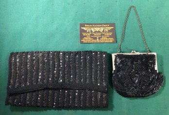 Antique Black Beaded Clutch And Coin Purse - Lot Of 2 - See Description And Photos