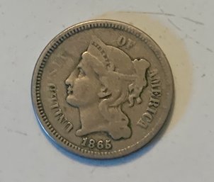 1865 U.S. Coin, THREE CENT Coin, SHIPPABLE