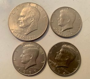 4 UNC U.S. Coins, Bicentennial IKE & Kennedy,  1974 & 1989 Kennedy