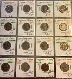 16 Slabbed Jefferson Nickels, BU, UNC., Etc., 1940-60s, SHIPPABLE