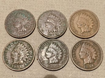 6 U.S. Indian Head Pennies, 1888,92,96,1906,08,09. SHIPPABLE