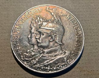 German States, Prussia, 1901 Kaiser Wilhelm II 90 Silver 2 Mark Coin, SHIPPABLE