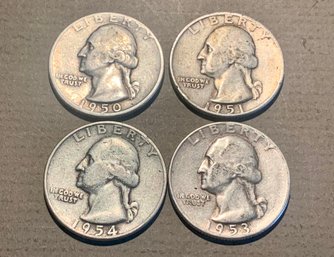 4 U.S. Silver Quarters, 1950,51,53,54, Nice Condition, SHIPPABLE