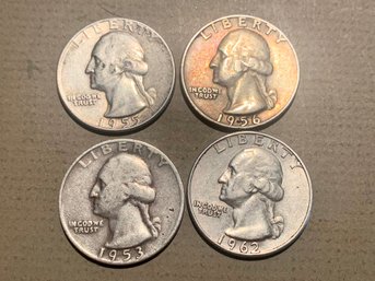 4 U.S. Silver Quarters, 1953,55,56,62, Nice Condition, SHIPPABLE