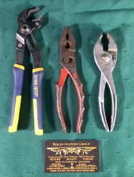 Vice Grips And Two Pairs Of Pliers - 3 Pc Lot