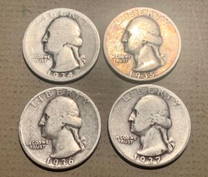 4 U.S. Silver Quarters, 1934,35,36,37, SHIPPABLE
