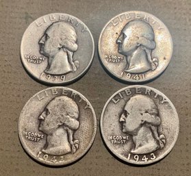 4 U.S. Silver Quarters, 1939,41S,42D,43S, SHIPPABLE