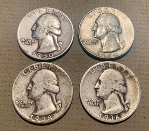 4 U.S. Silver Quarters, 1936,48,50,64D, SHIPPABLE