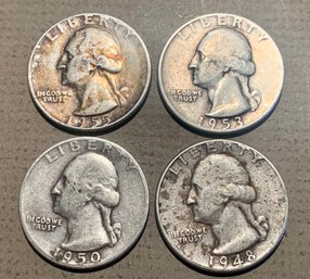 4 U.S. Silver Quarters, 1948,50D,53D,55, SHIPPABLE
