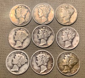9 U.S. Silver Mercury Dimes, Various Dates, Nice 1944 In There, SHIPPABLE