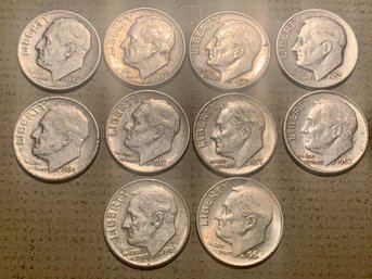 10 U.S. Silver Roosevelt Dimes, Various Dates, SHIPPABLE