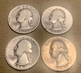 4 U.S. Silver Quarters, 1935,37,1943D, 1945, SHIPPABLE