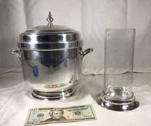 Vintage Wallace Ice Bucket With Pyrex Inner Glass & Hurricane Glass Candle Holder, With Silver Plate Base