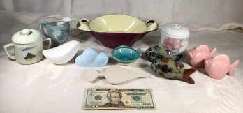 Hand Made Pottery Bowl With Handles, Salt And Peppers And More! Lot Of 12