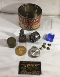 Antique Victor Coffee Tin With Pocket Watch, Pewter Figure, Pins, Tutankhamun Medallion, Etc..