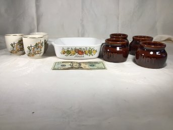 Set Of 4 'hot Pots', Signed 'Rego', L'echalato Casserole, And 3 Floral Pattern Glazed Cups