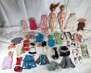 Two Vintage Dolls, A Few Ken And Barbie Pieces, Lots Of Vintage Handmade Clothes, See Photos - SHIPPABLE!