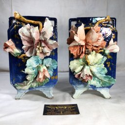 Pair Of Antique Vases, Majolica With Attchaed Roses - 5863 And B Written, B.C. Stamped On Bottom