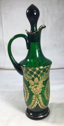 Antique Moser Emerald Glass Gilt Decanter With Stopper - 11 In Height