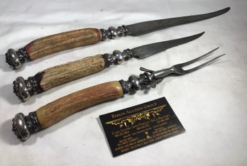 Sterling Silver Ends & Collars, Vintage Antler Handle Cutlery Set With - Set Of 3