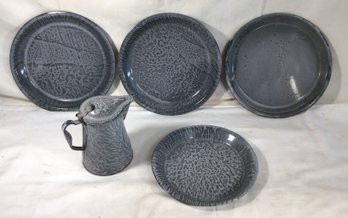 Vintage Graniteware Lot Of 5 - Syrup Pitcher With Lid And 4 Pie Pans