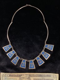 Aztec Design Silver Necklace With Wonderful Inlaid Turquoise SHIPPABLE