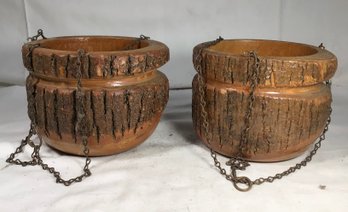 Pair Of Carved Wood Hanging Planters, See Description