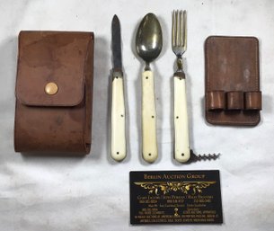 Antique Travel Folding Cutlery Set With Corkscrew In Suede Pouch, See Description