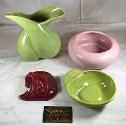 Mid Century Modern Lot Of 4 - Vase, Pink Speckled Bowl, Wall Pocket, Small Dish Or Planter