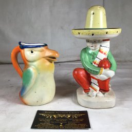 Antique Poncho Villa Hat Pin Holder, Made In Japan, And Vintage Tucan Pitcher, Made In Slovakia