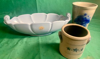 3 Vintage Pottery Pieces, 14 Inch Abbinngdon Bowl, 2 Stoneware Pots