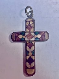 1.5 Inch Mosaic Antique Cross, Inlaid Stone & Silver. SHIPPABLE