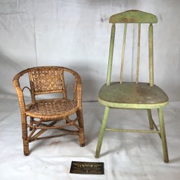 2 Antique Chairs, 1 Antique Wicker Doll Chair, 9 In Height, And 1 Antique Wooden Doll Chair, 16 In Height