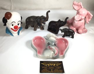 5 Vintage Elephants And A Clown Planter - Lot Of 6