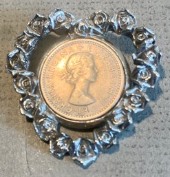 Vintage Pendant, Rose Design With English Coin At Center, SHIPPABLE