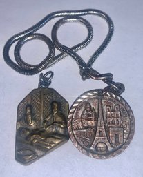 2 French Medallions, 1 W/ Silver Chain. Doctor Scene, & Eiffel Tower Scene, SHIPPABLE