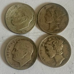 4 Silver Dimes, 36 & 42 Mercury, 1948 & 53, SHIPPABLE