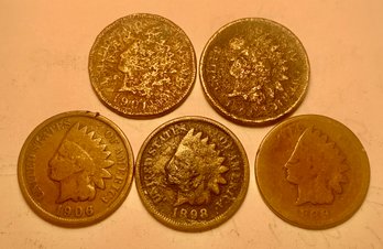 5 U.S. Indian Head Cents, 1889, 1898, 1906, 1901 & One Unreadable, SHIPPABLE
