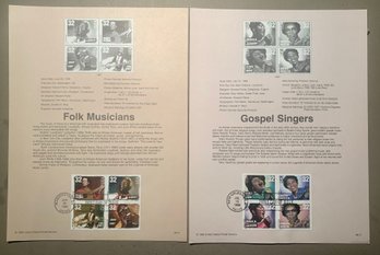 Two Souvenir Stamp Sheets, 32c Ea., Gospel Singers & Folk Musicians, SHIPPABLE