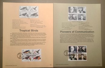 Two FDC Souvenir Stamp Sheets, 32c Ea., Birds & Communications, SHIPPABLE