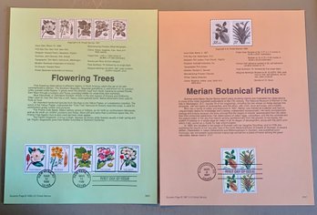 Two FDC Souvenir Stamp Sheets, 32c Ea., Flowering Trees & Merian Botanical Prints, SHIPPABLE