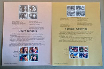 Two FDC Souvenir Stamp Sheets, 32c Ea., Football Coaches & Opera Singers, SHIPPABLE