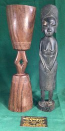 TALL Carved African ART - Tanzanian Ebony Nude Woman And Hard Wood Drum Instrument