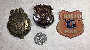 3 Antique And Vintage Jr. Badges - 2 Tootsietoy, 1 Not Labled - SHIPPABLE!